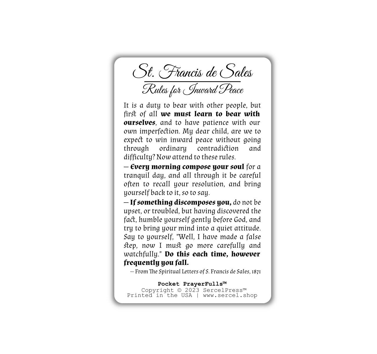 St. Francis de Sales, Rules for Inward Peace: Pocket PrayerFulls™ | Durable Wallet Prayer Cards | Catholic Saints