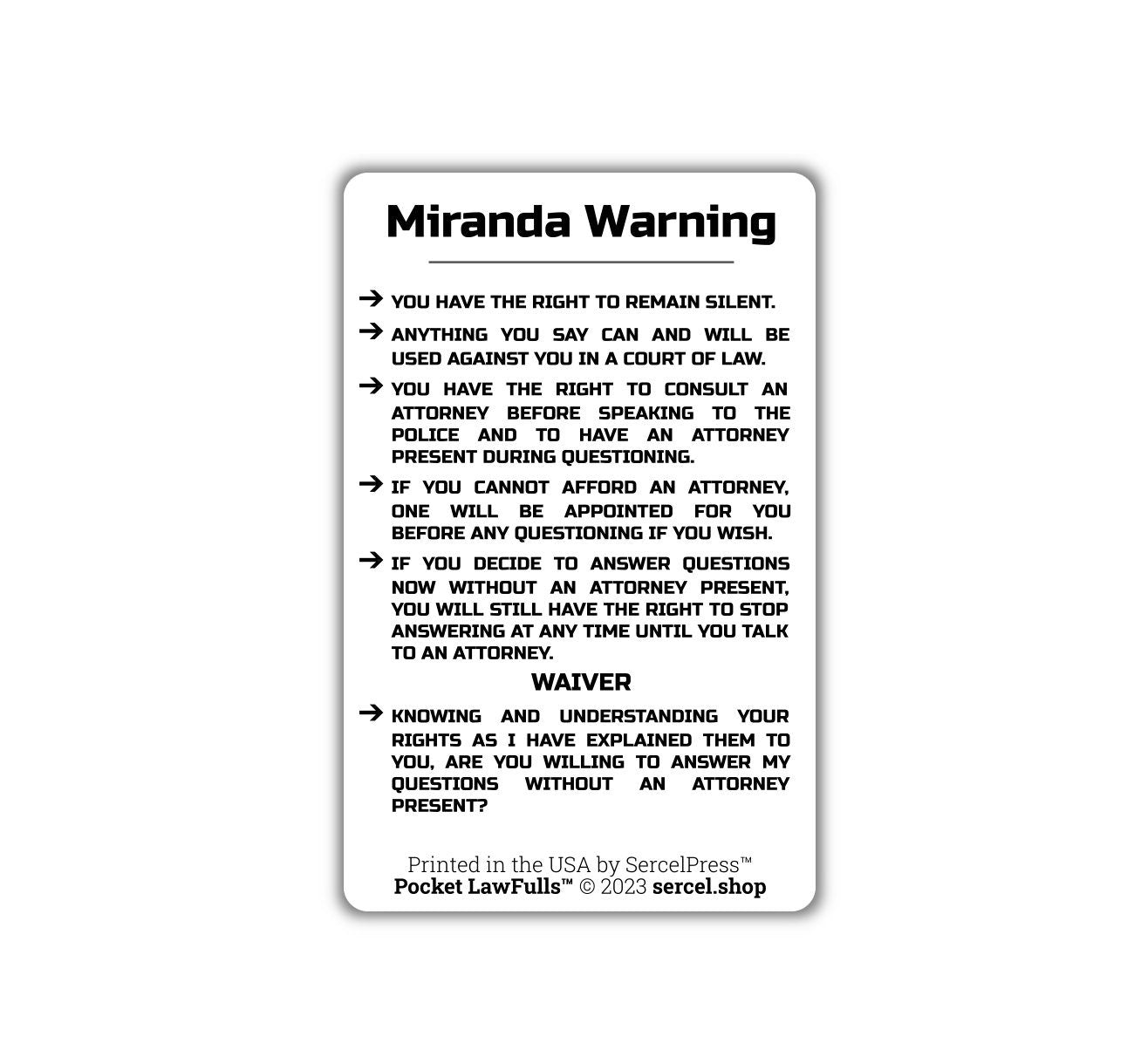 Miranda Warning: Pocket LawFulls | Durable Wallet Card | Law Enforcement | Police