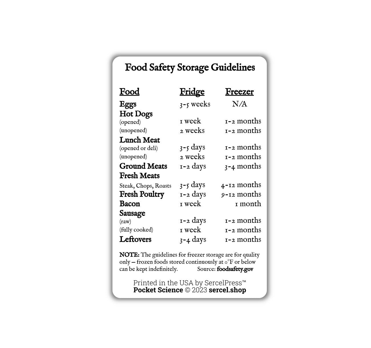Food Safety Storage Guidelines Reference Card | Durable Wallet Pocket Reference Card | Pocket Science, Kitchen