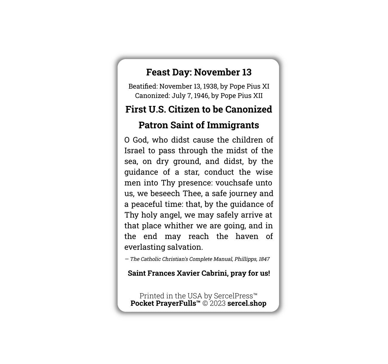 Saint Frances Xavier Cabrini: Pocket PrayerFulls™ | Durable Wallet Prayer Cards | Catholic Saints