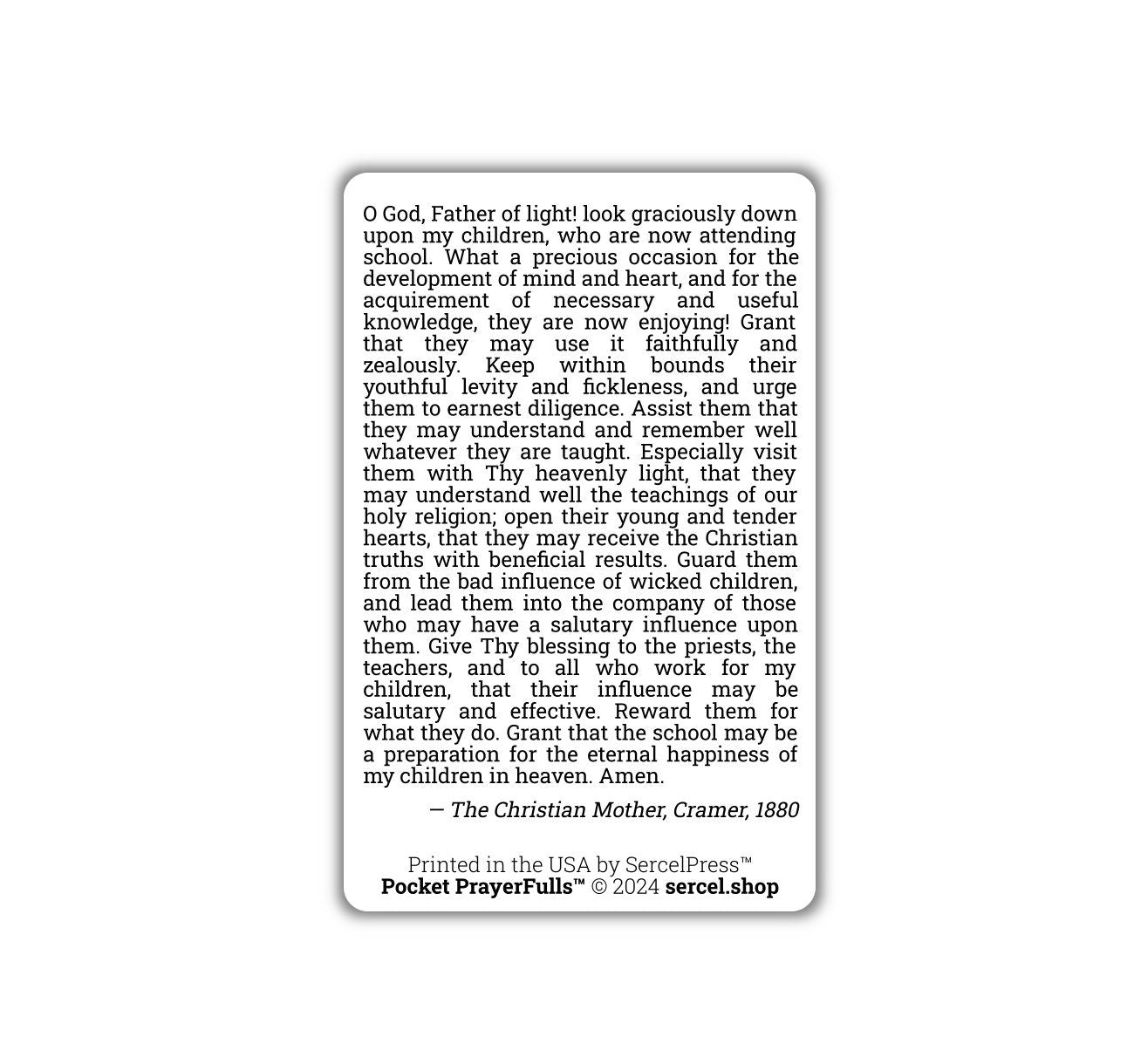 Mother's Prayer for The Children When Going to School: Pocket PrayerFulls™ | Durable Wallet Prayer Cards | Catholic Prayers