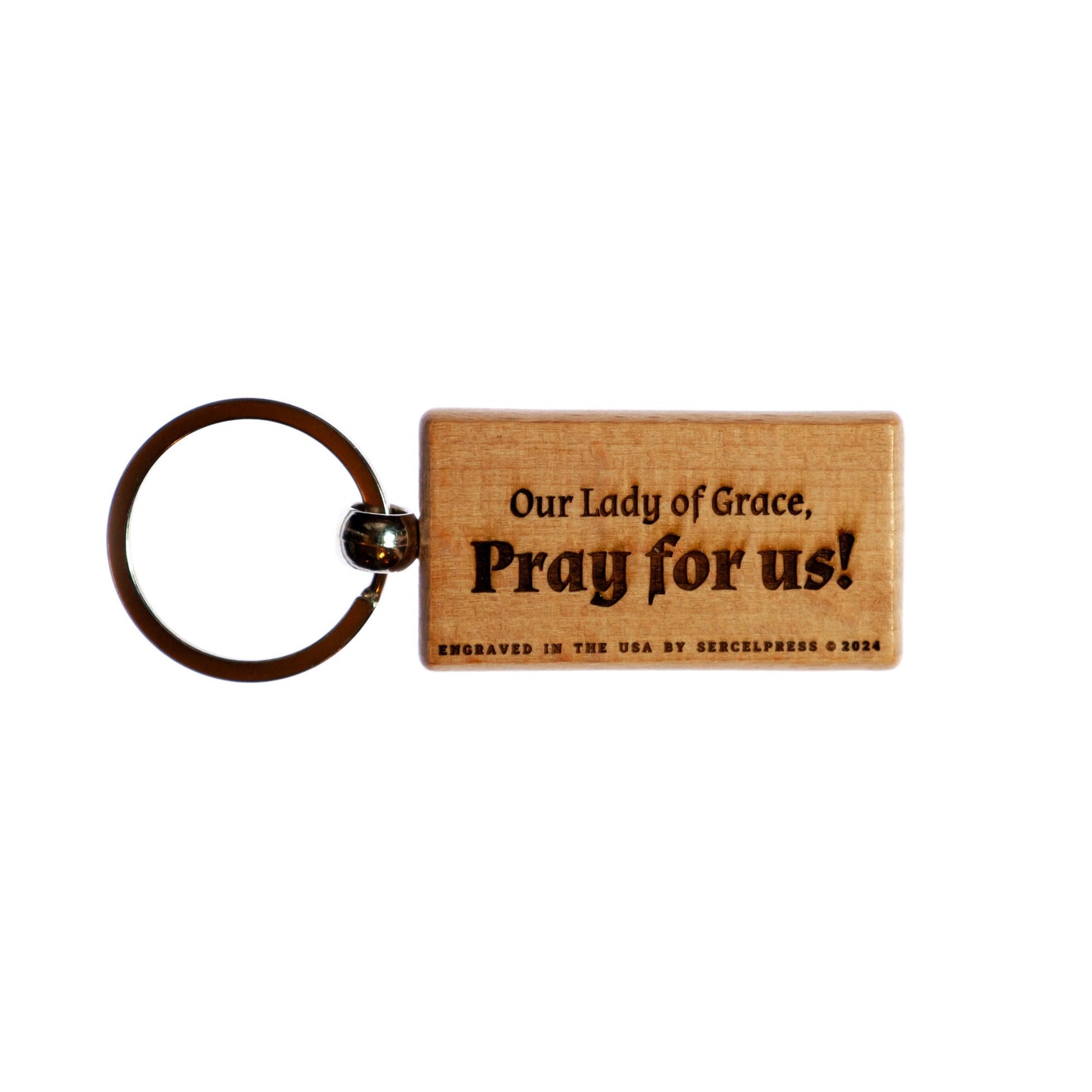 Our Lady of Grace, Hand-colored, Solid Wood Keychain, Engraved in the USA, Catholic