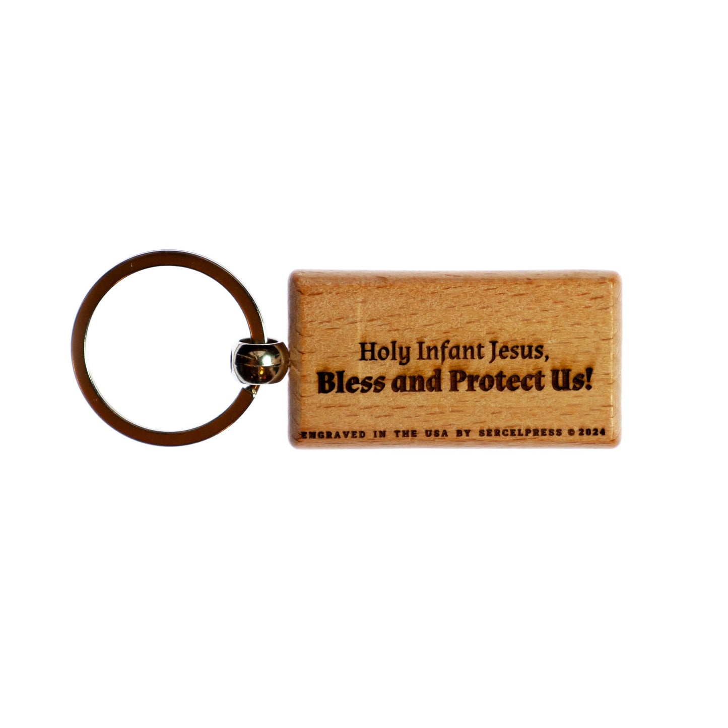 Holy Infant of Prague, Hand-Colored Solid Wood Keychain, Engraved in the USA, Catholic