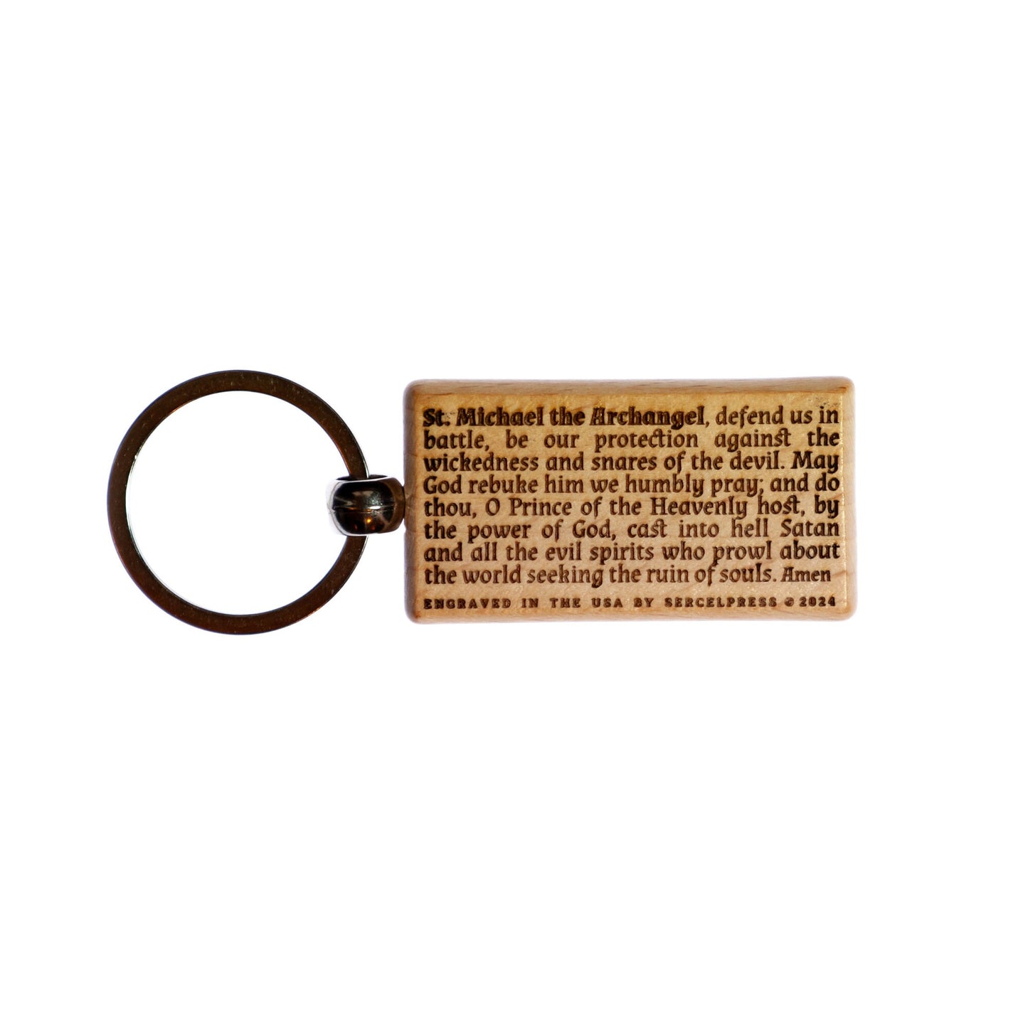 St. Michael the Archangel, Solid Wood Keychain, Engraved in the USA, Traditional Catholic Prayer