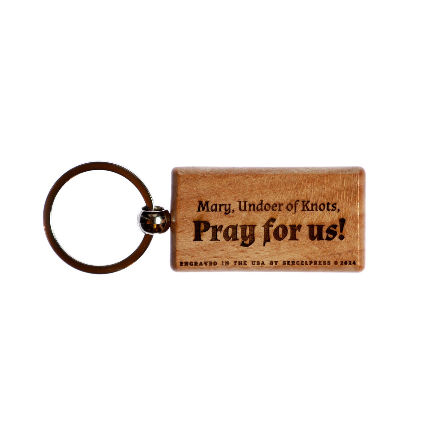 Mary Undoer of Knots, Hand-Colored, Solid Wood Keychain, Engraved in the USA, Catholic