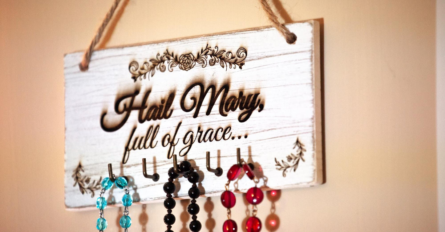 Mini Rosary Hanger, Hail Mary Full of Grace, Engraved in the USA, Catholic Living