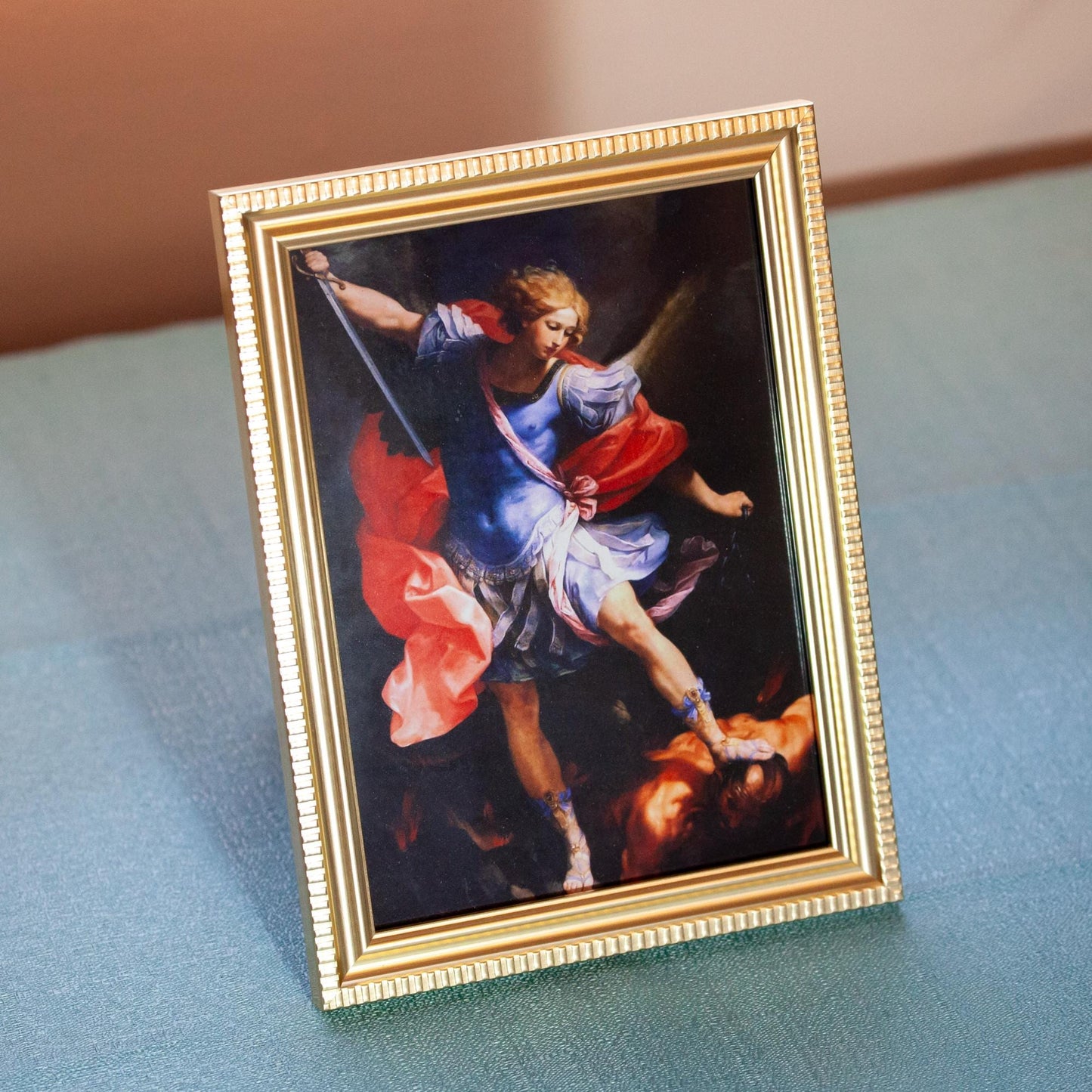 St. Michael the Archangel, Hand-Framed Original Design—Restored Antique Artwork—Gold Frame, Wall Decor, Spiritual Protection, 5x7 or 8x10