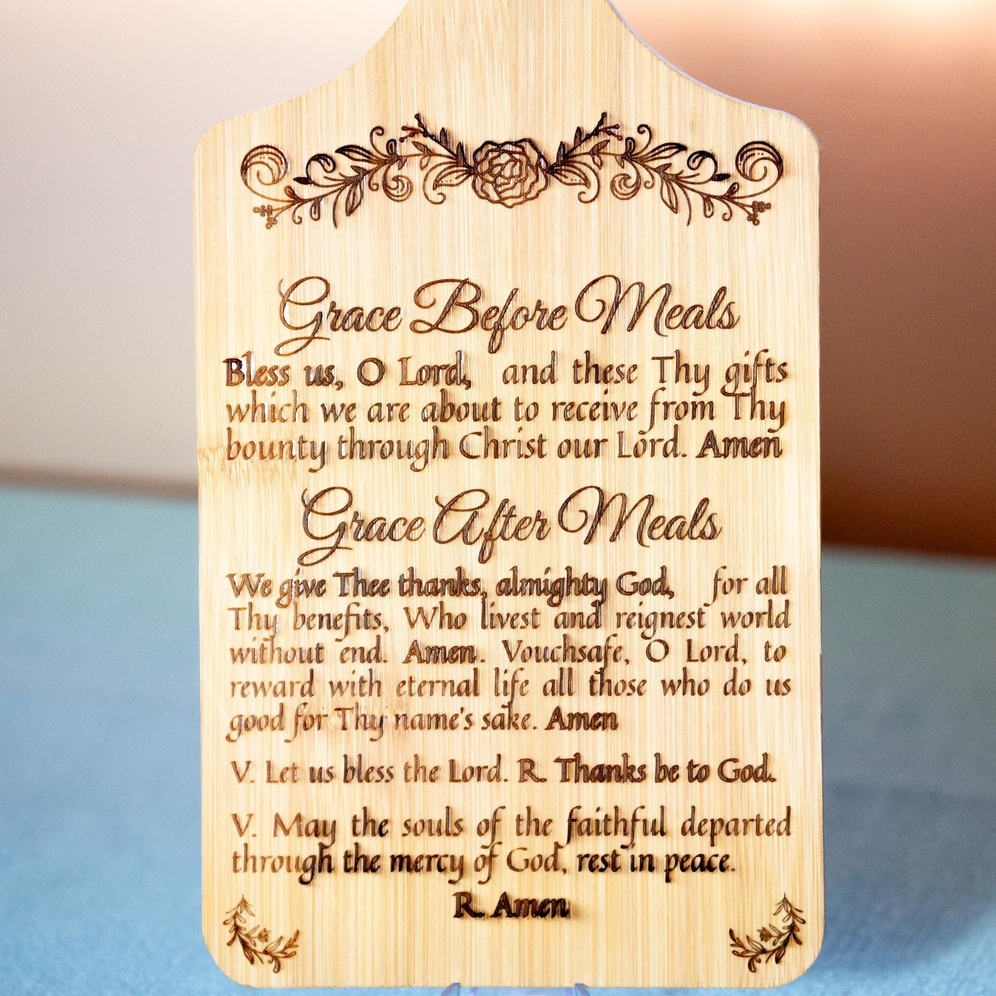 Grace Before & After Meals, Bless Us O Lord, Decorative Bamboo Cutting Board, 11" x 5" x 0.39" | Engraved in the USA | Catholic Living