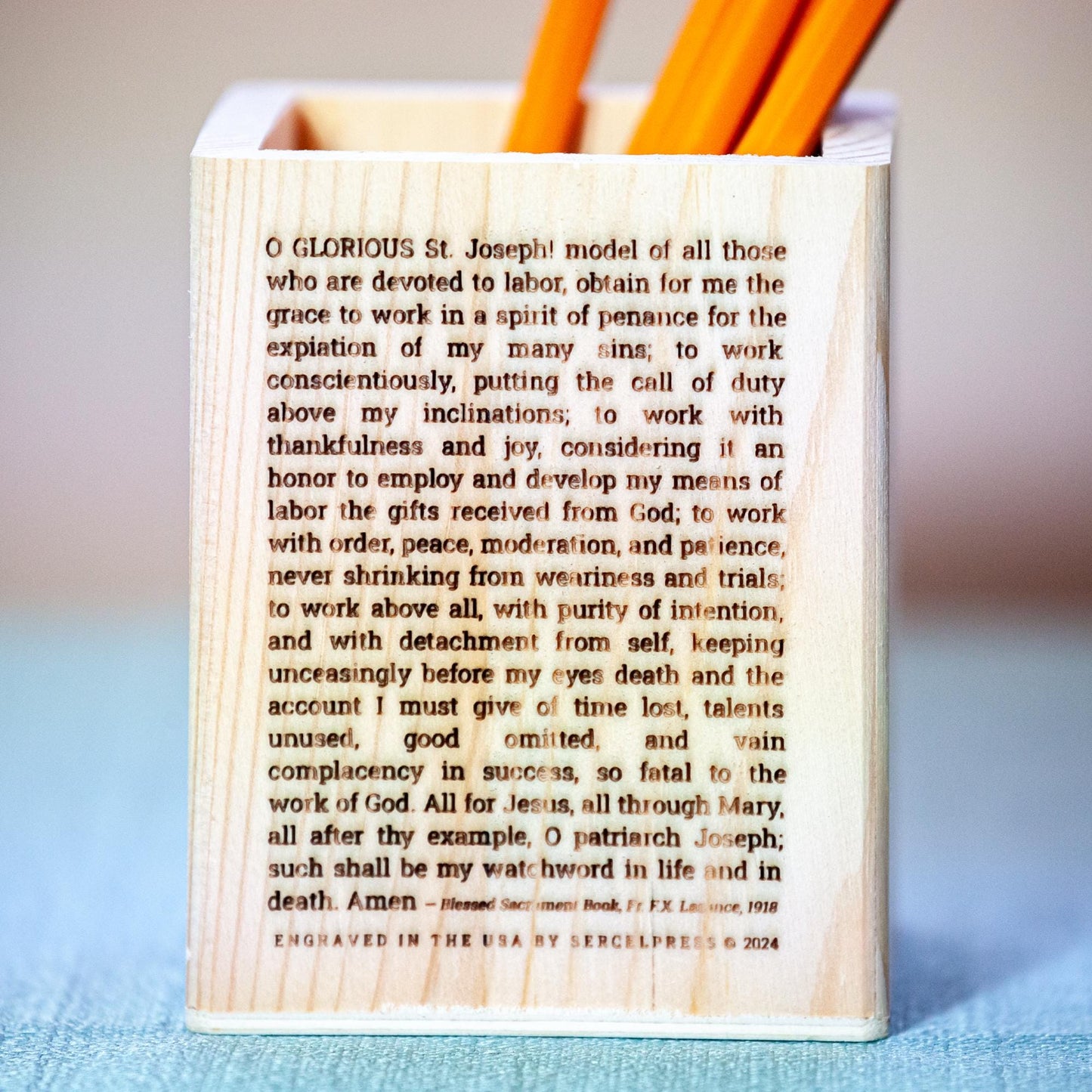 St. Joseph the Worker Natural Wood Pencil Holder, Laser Engraved in the USA with Image & Prayer, Catholic Saints, Catholic Living