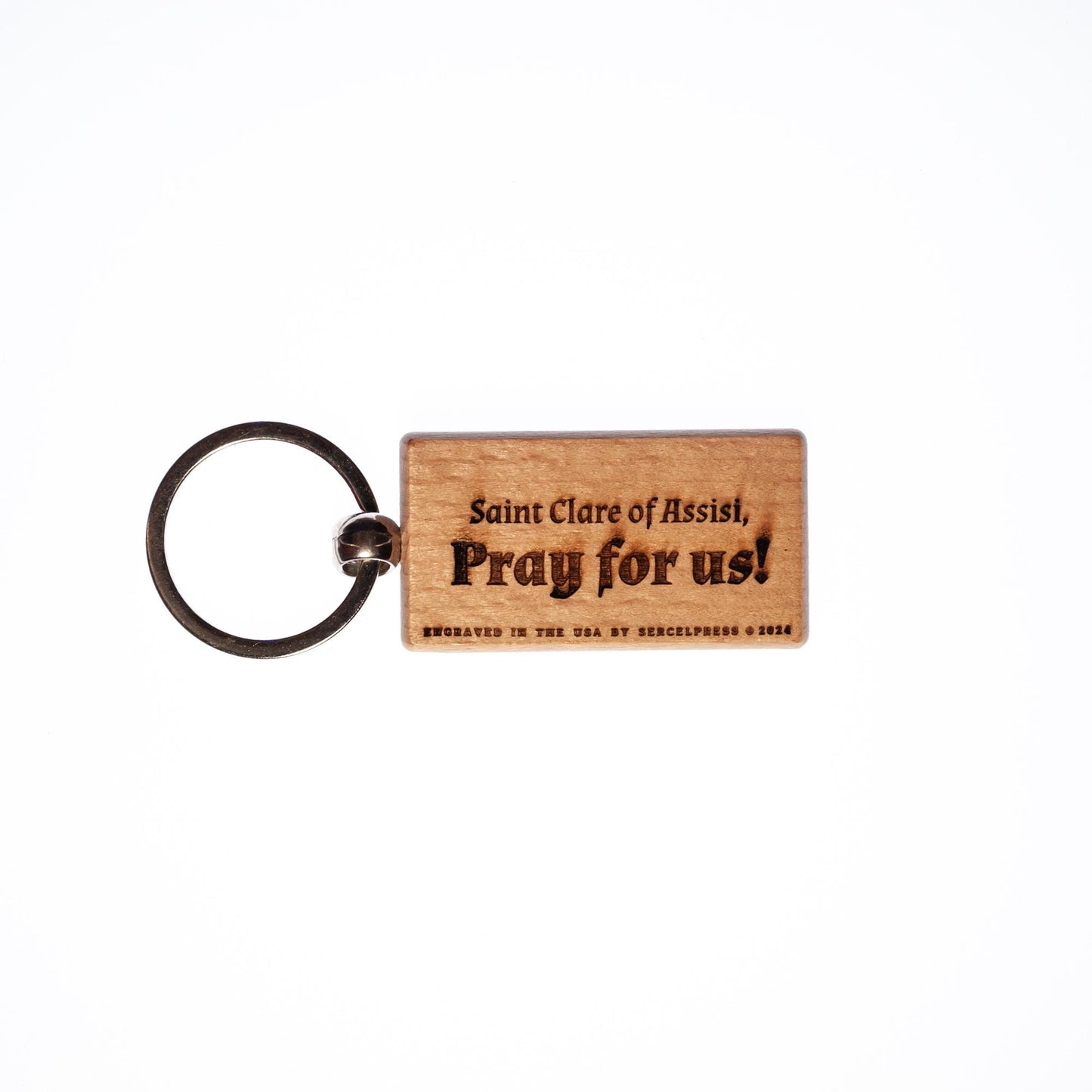 Saint Clare of Assisi, Solid Wood Keychain, Engraved in the USA, Catholic