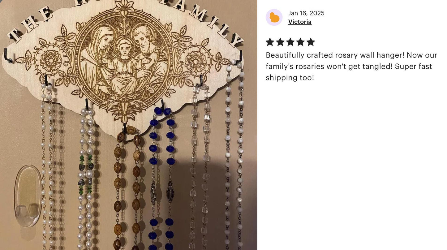 Holy Family Rosary Hanger, 7 Rosary Hooks, 9 x 6 Inches, Made in the USA, Holy Family of Jesus, Mary and Joseph, Catholic Living