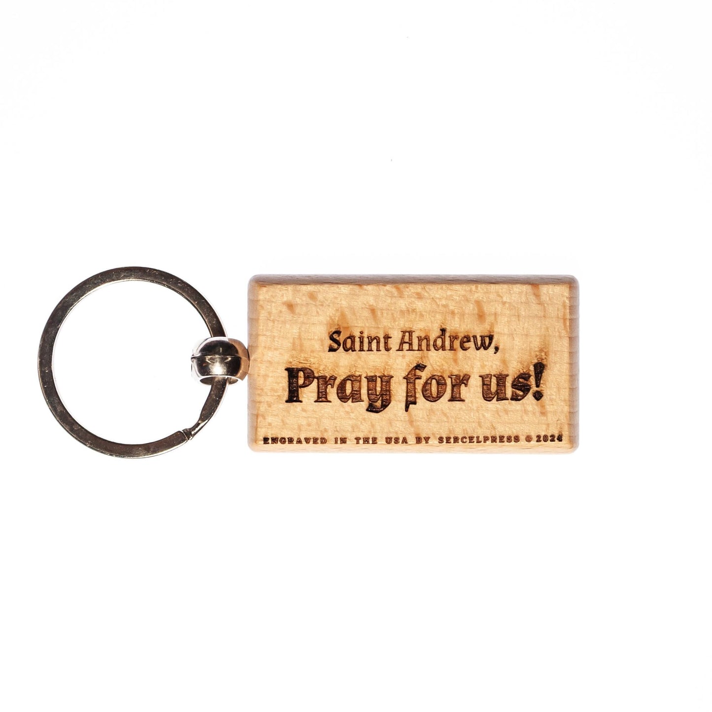 Saint Andrew the Apostle, Hand-Colored, Solid Wood Keychain, Engraved in the USA, Catholic