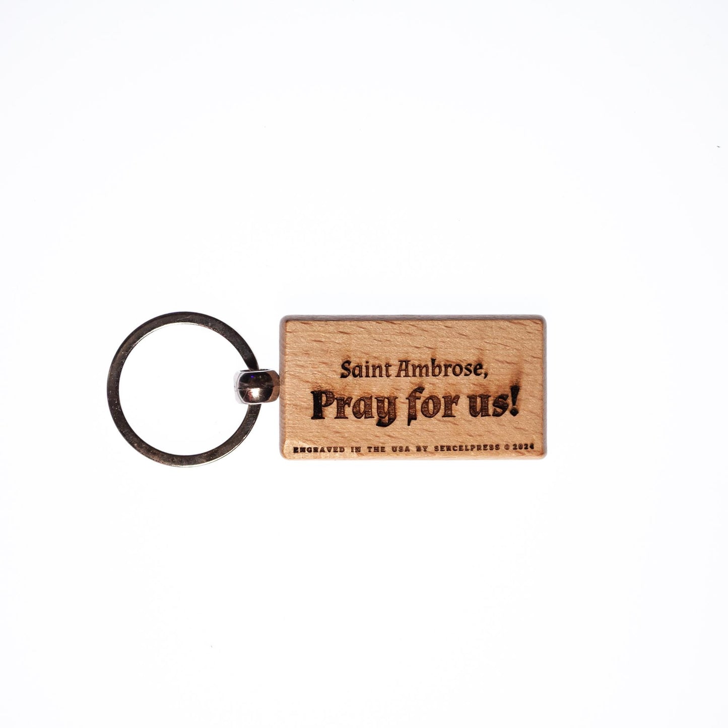 Saint Ambrose of Milan, Hand-Colored, Solid Wood Keychain, Engraved in the USA, Catholic