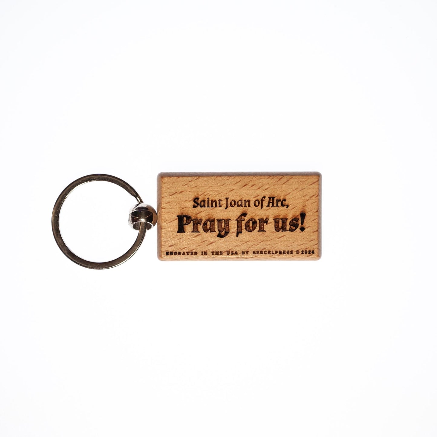 Saint Joan of Arc, Hand-Colored, Solid Wood Keychain, Engraved in the USA, Catholic