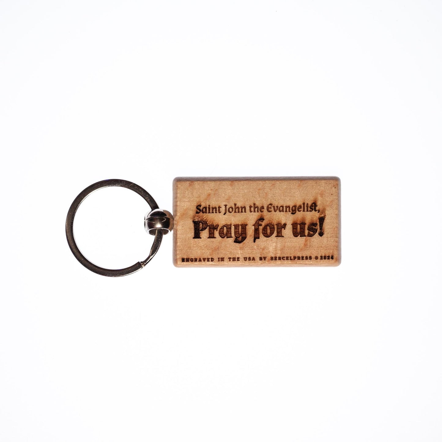 Saint John, Hand-Colored, Solid Wood Keychain, Engraved in the USA, Catholic