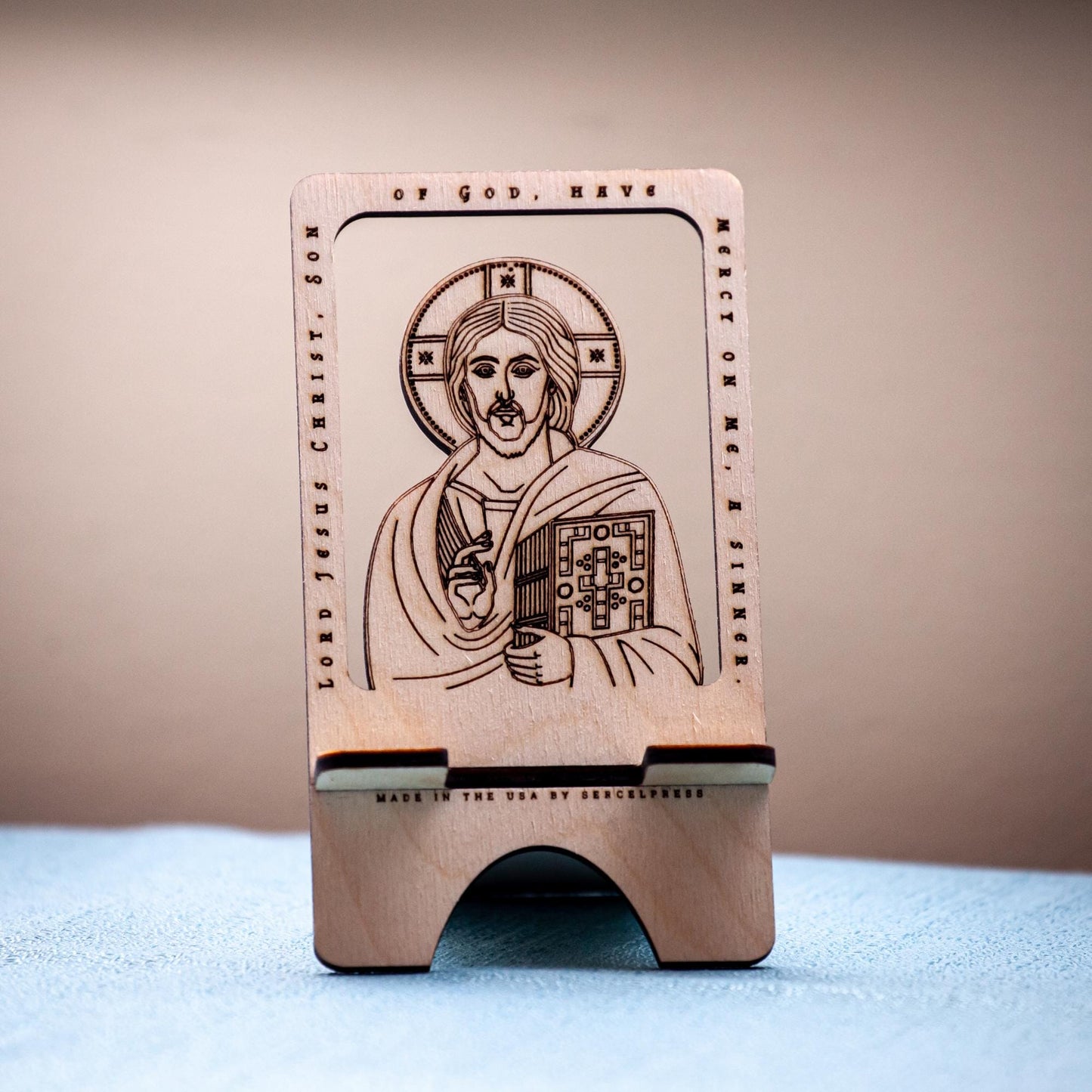 Wooden Jesus Prayer Phone Stand | Laser‑Engraved Baltic Birch | Made in USA | Christian Gift, Traditional Prayer Stand, Desktop Devotion