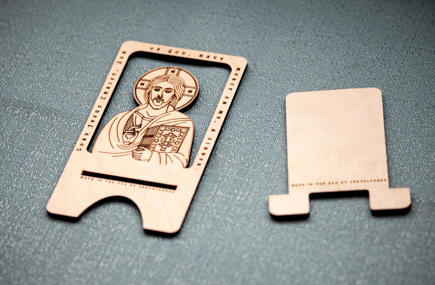 Wooden Jesus Prayer Phone Stand | Laser‑Engraved Baltic Birch | Made in USA | Christian Gift, Traditional Prayer Stand, Desktop Devotion