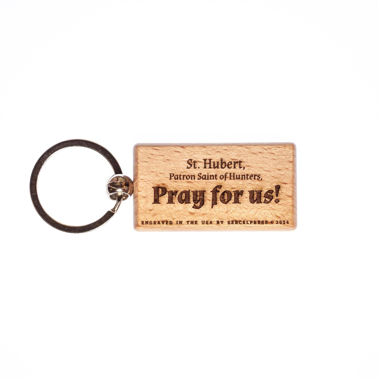Saint Hubert, Solid Wood Keychain, Engraved in the USA, Catholic, Patron of Mathematicians, Hunters