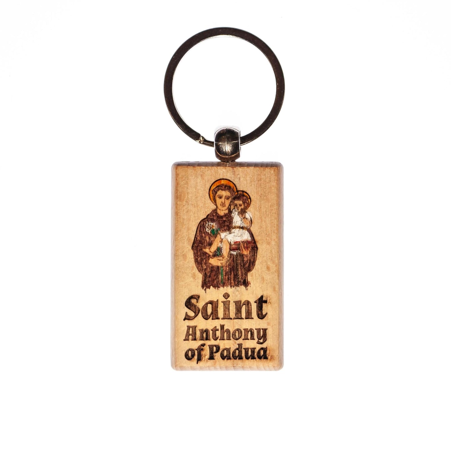 Saint Anthony of Padua, Hand-Colored, Solid Wood Keychain, Engraved in the USA, Catholic