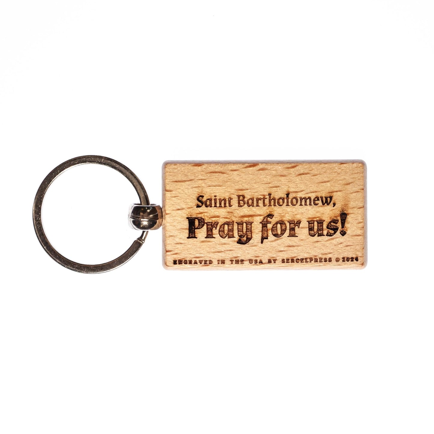 Saint Bartholomew, Hand-Colored, Solid Wood Keychain, Engraved in the USA, Catholic