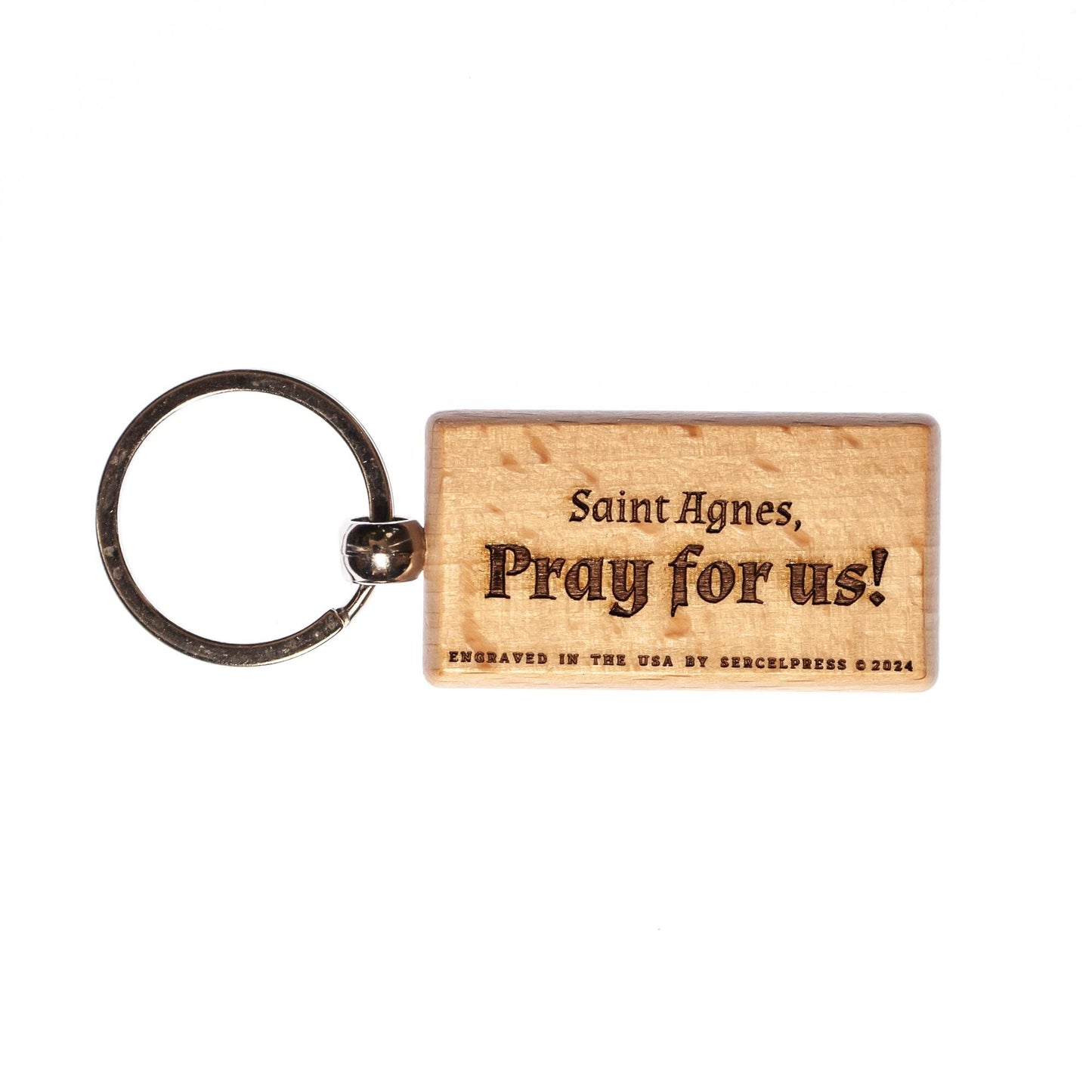 Saint Agnes, Hand-Colored, Solid Wood Keychain, Engraved in the USA, Catholic