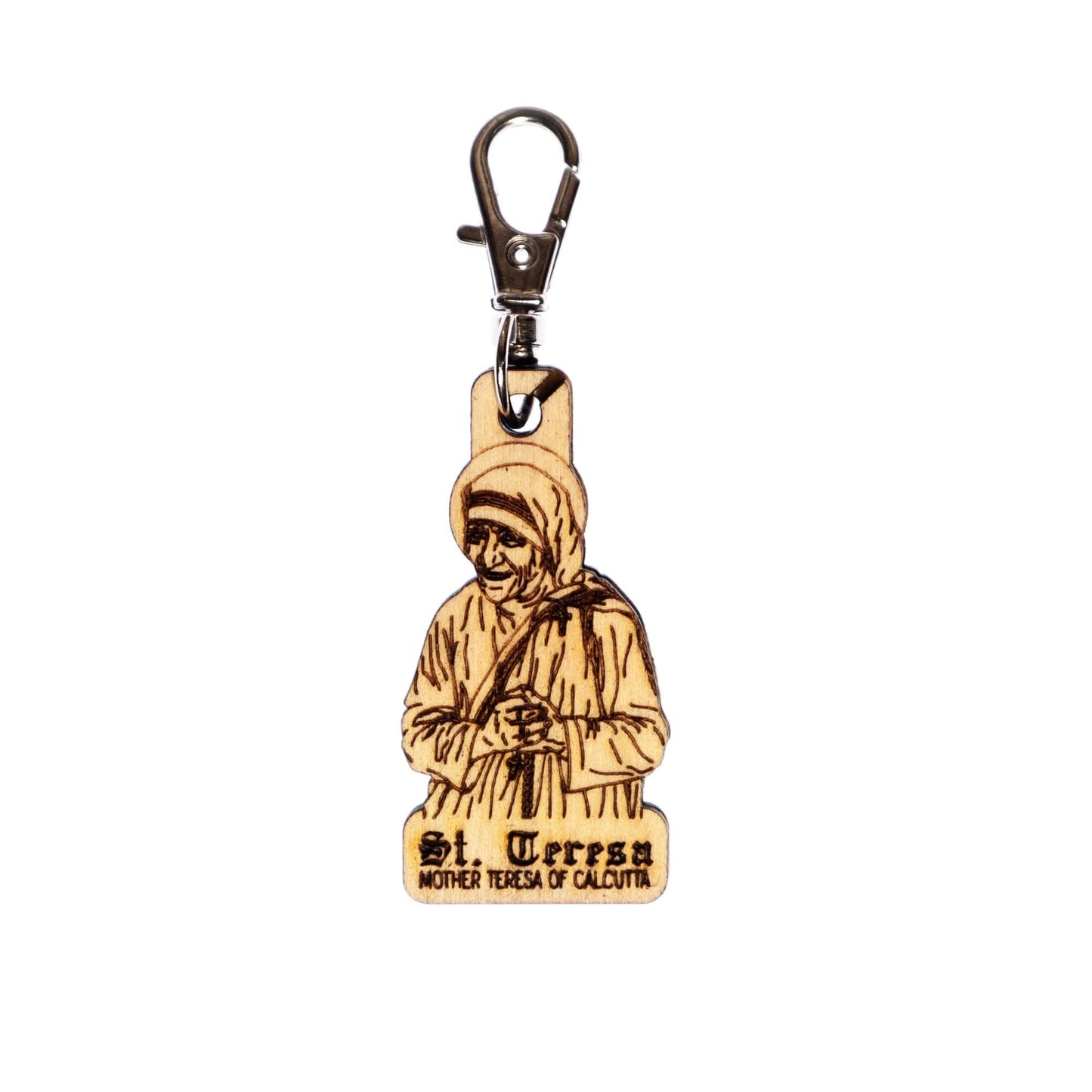 Saint Teresa of Calcutta, Mother Teresa Engraved Wood Keychain with Clip for Keys, Backpack, Purse, or Bag, Made in the USA, Catholic