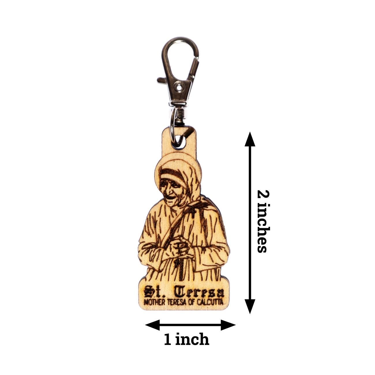 Saint Teresa of Calcutta, Mother Teresa Engraved Wood Keychain with Clip for Keys, Backpack, Purse, or Bag, Made in the USA, Catholic