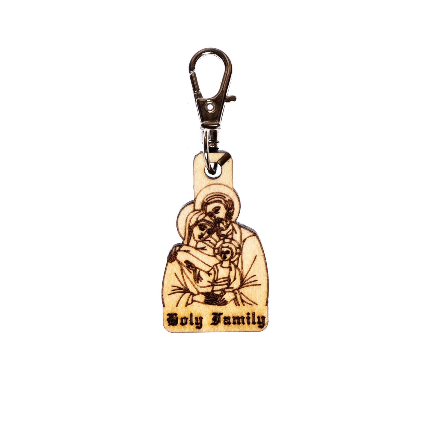 Holy Family of Jesus, Mary, & Joseph Engraved Wood Keychain with Clip for Keys, Backpack, Purse, or Bag, Made in the USA, Catholic