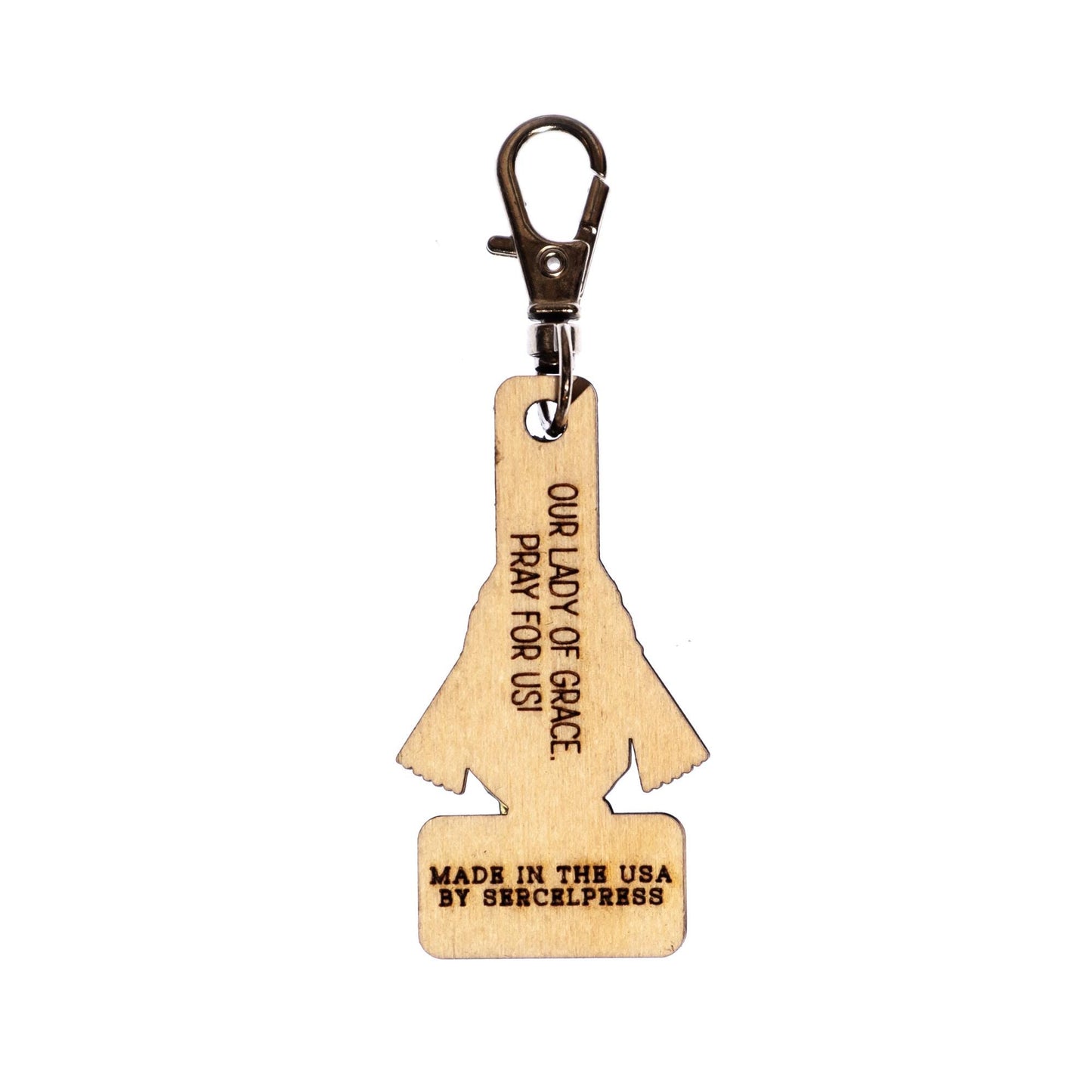 Our Lady of Grace Engraved Wood Keychain with Clip for Keys, Backpack, Purse, or Bag, Made in the USA, Catholic