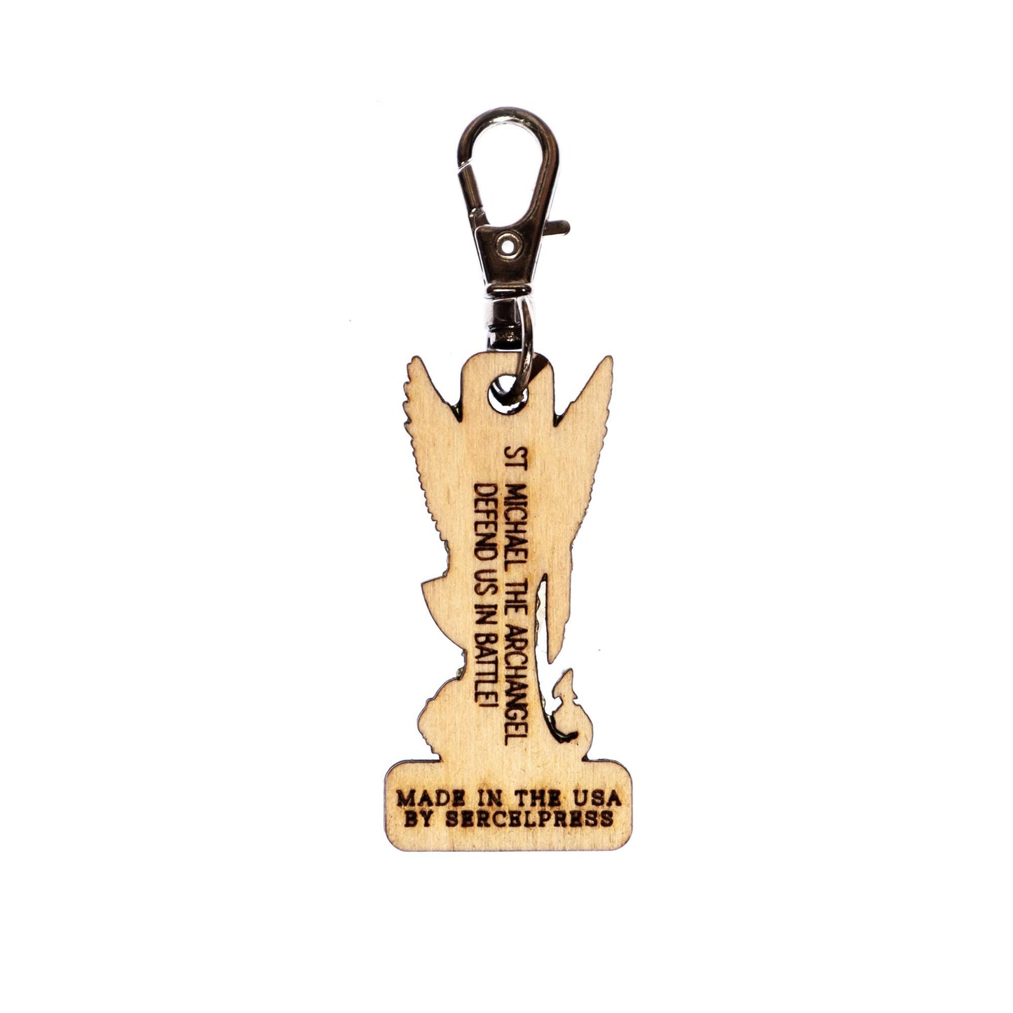 Saint Michael the Archangel Engraved Wood Keychain with Clip for Keys, Backpack, Purse, or Bag, Made in the USA, Catholic