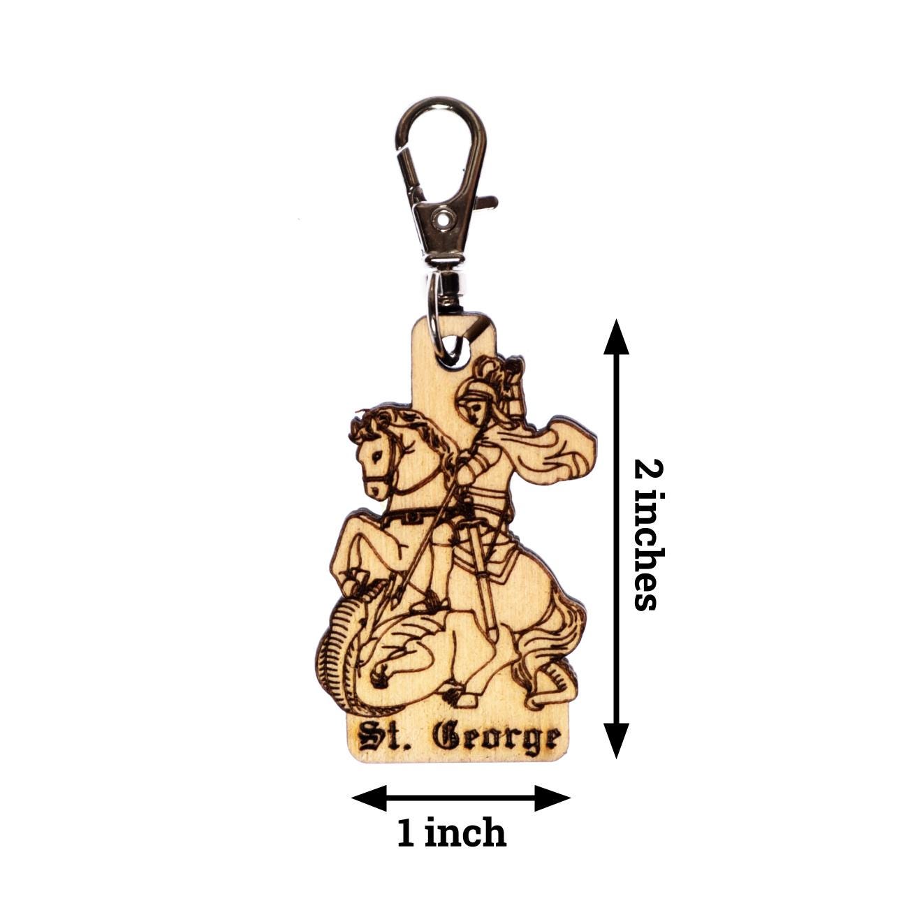 Saint George Engraved Wood Keychain with Clip for Keys, Backpack, Purse, or Bag,  Made in the USA, Catholic