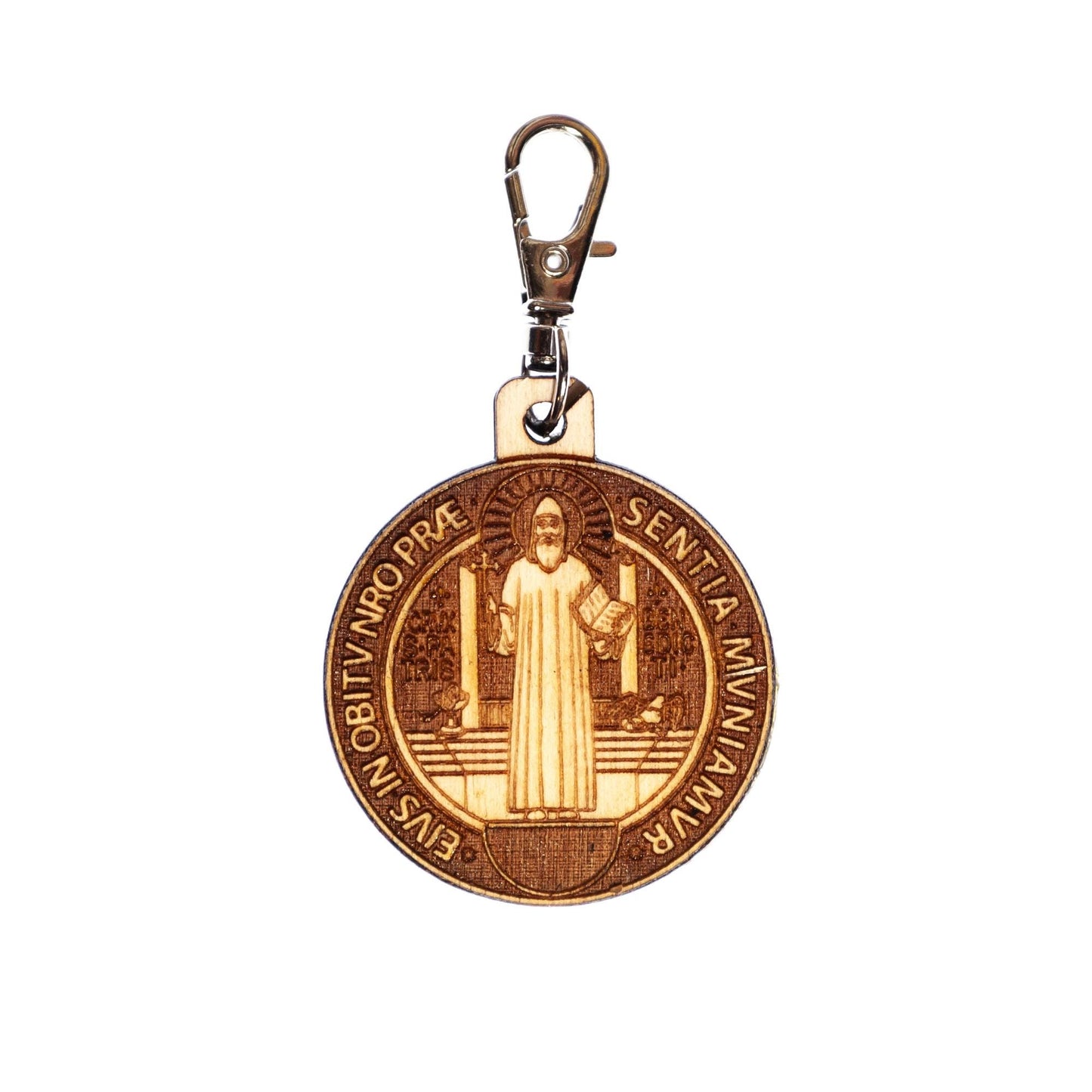 Saint Benedict Medal Engraved Wood Keychain with Clip for Keys, Backpack, Purse, or Bag, Made in the USA, Catholic