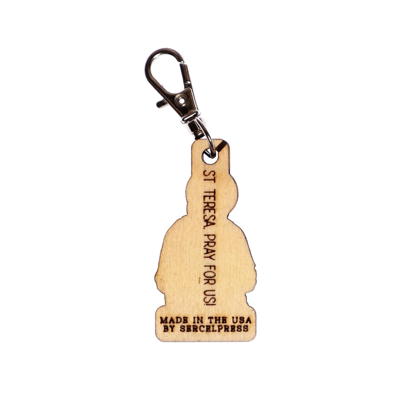 Saint Teresa of Calcutta, Mother Teresa Engraved Wood Keychain with Clip for Keys, Backpack, Purse, or Bag, Made in the USA, Catholic