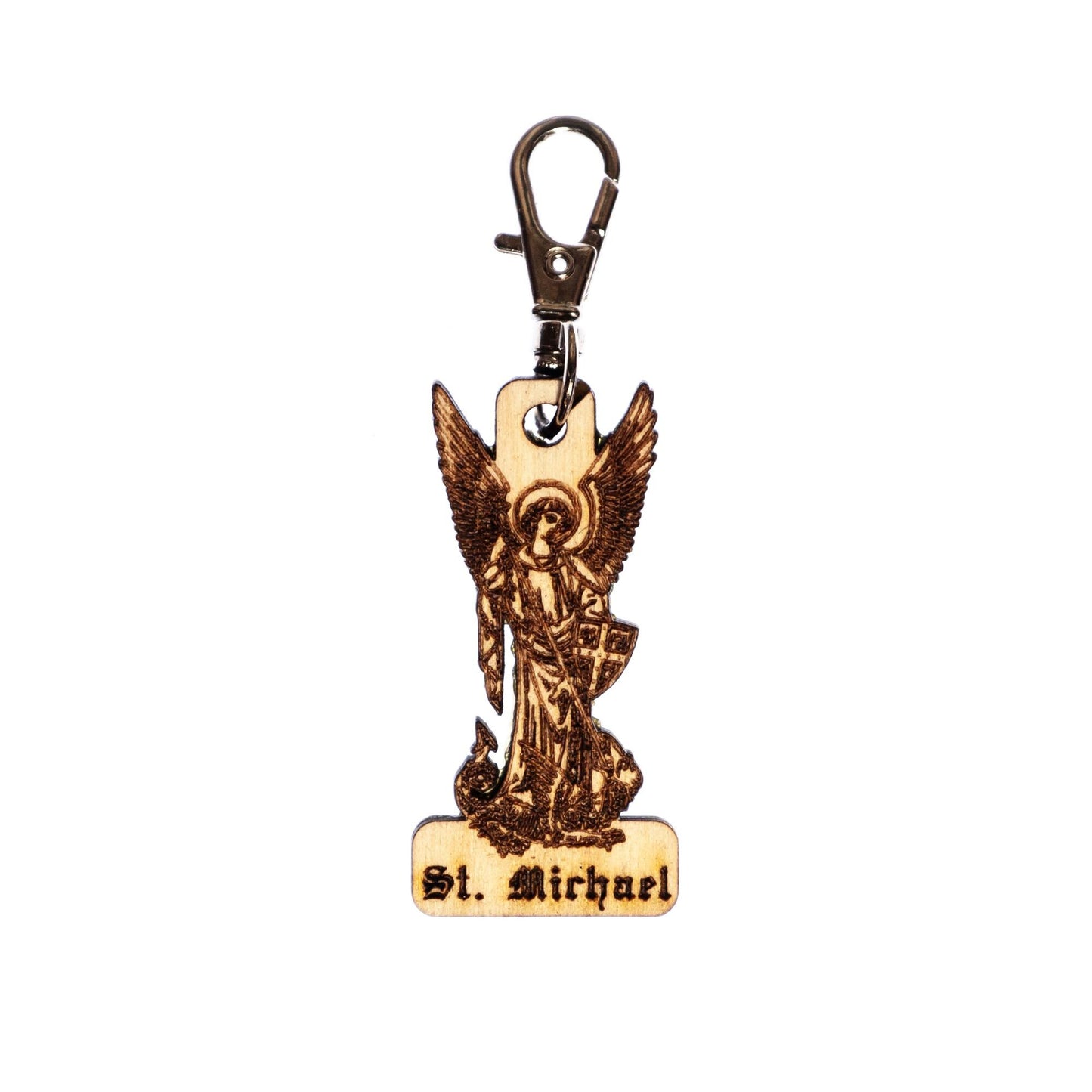 Saint Michael the Archangel Engraved Wood Keychain with Clip for Keys, Backpack, Purse, or Bag, Made in the USA, Catholic