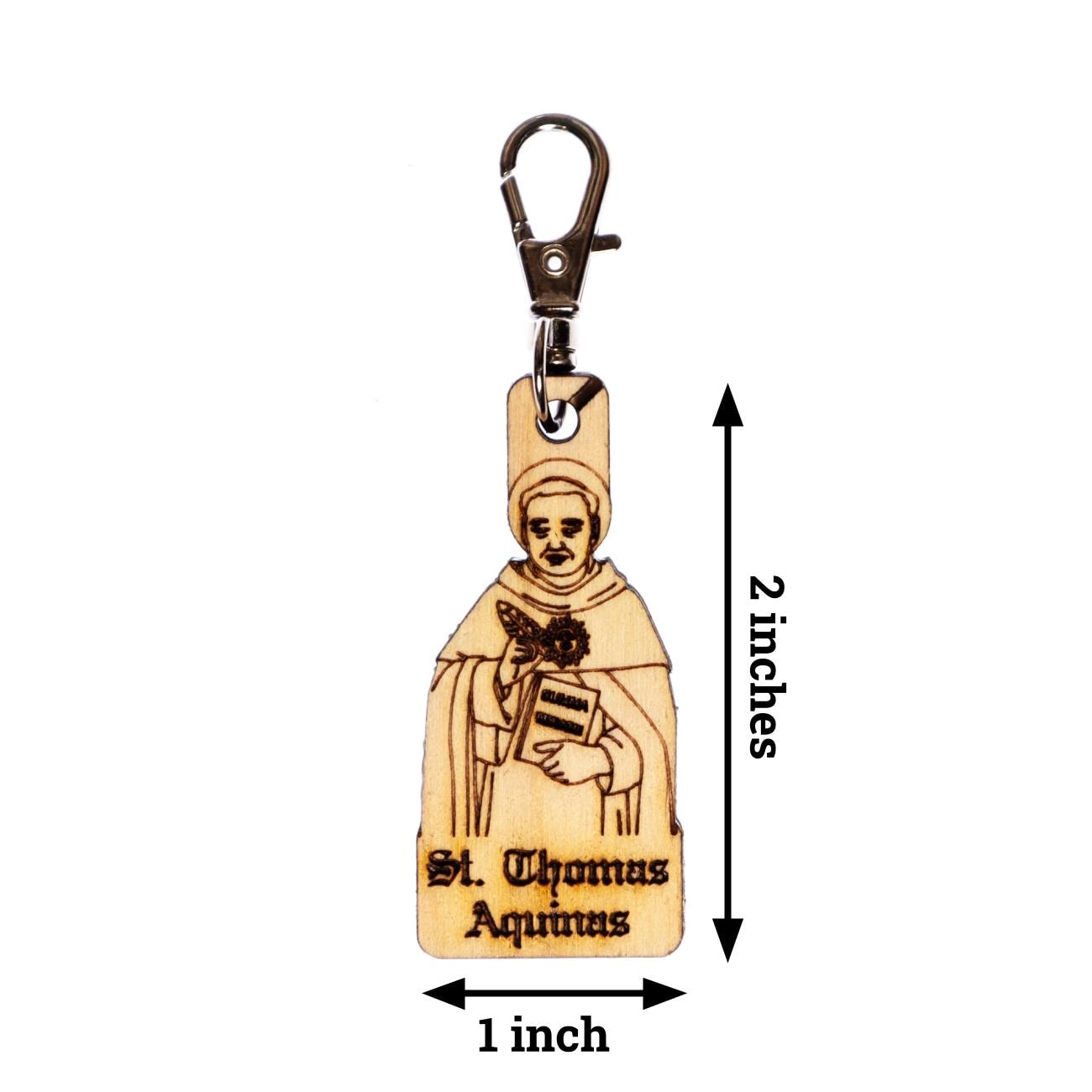 Saint Thomas Aquinas Engraved Wood Keychain with Clip for Keys, Backpack, Purse, or Bag, Made in the USA, Catholic