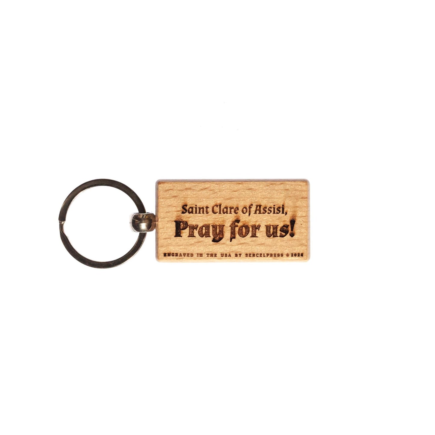 Saint Clare of Assisi, Hand-Colored, Solid Wood Keychain, Engraved in the USA, Catholic