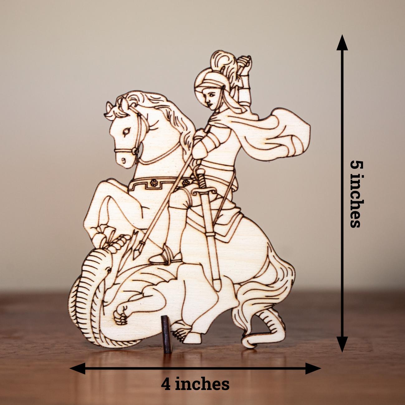 Saint George and the Dragon, Mini Saint Cutout Figurines, Birch Wood, 5" x 4", Laser Cut and Engraved, Made in the USA