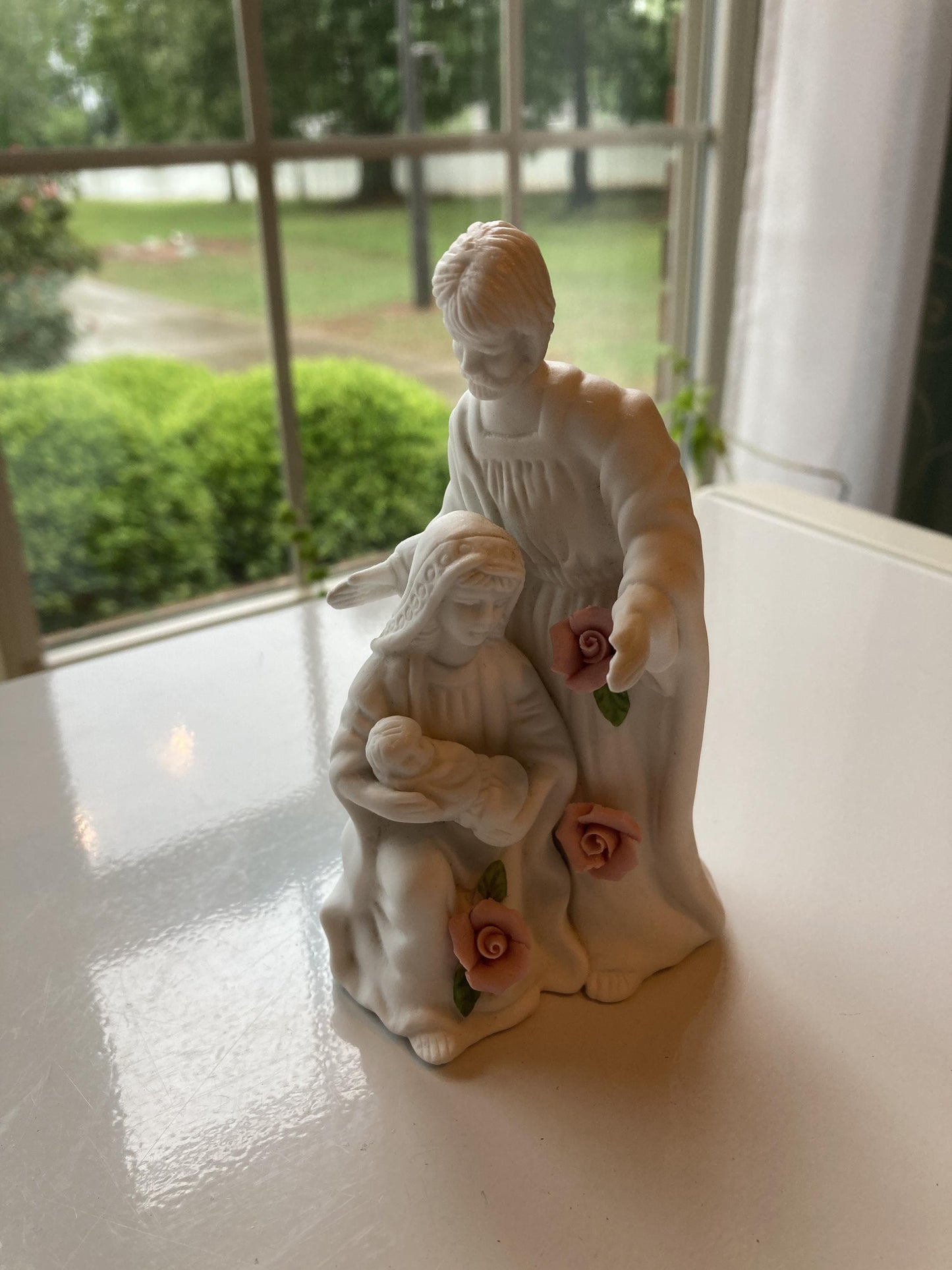 Vintage Holy Family Statue with Roses, Porcelain, 5 inches
