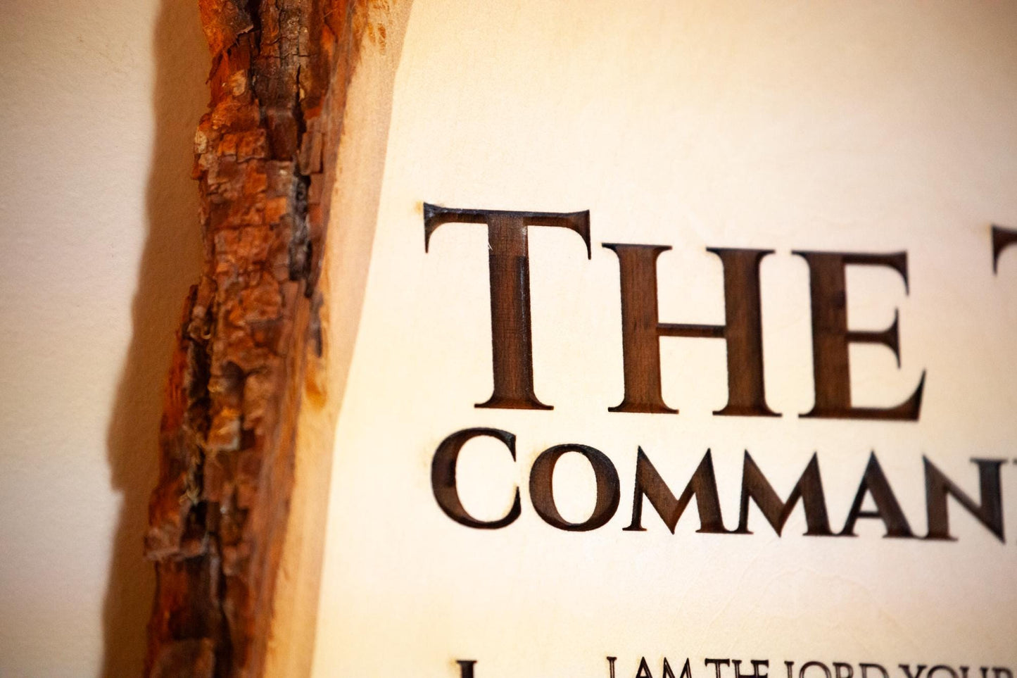 The Ten Commandments, 11" x 16" Laser-Engraved Wood Wall Art with Bark Edge, Engraved in the USA, Catholic Living