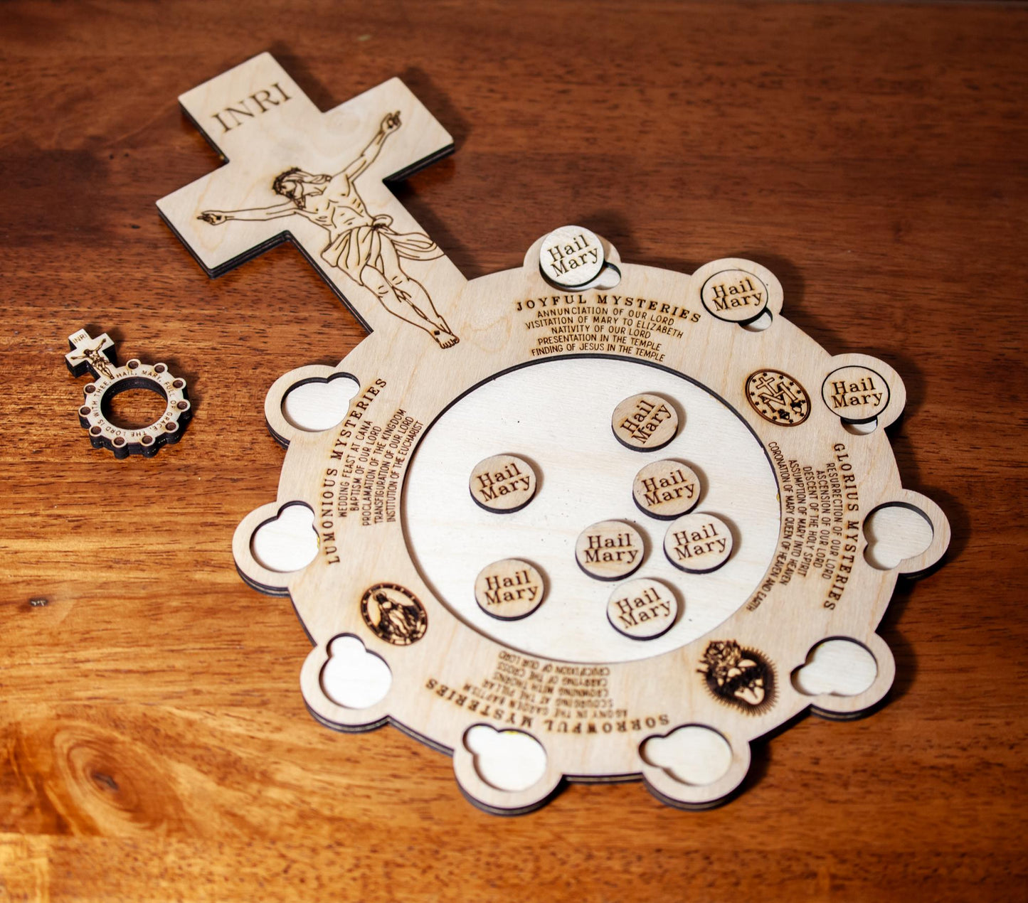 Interactive Wooden Rosary Board, 9x13" | Catholic Family Tabletop Rosary | Laser Engraved Baltic Birch | Made in the USA | Catholic Living