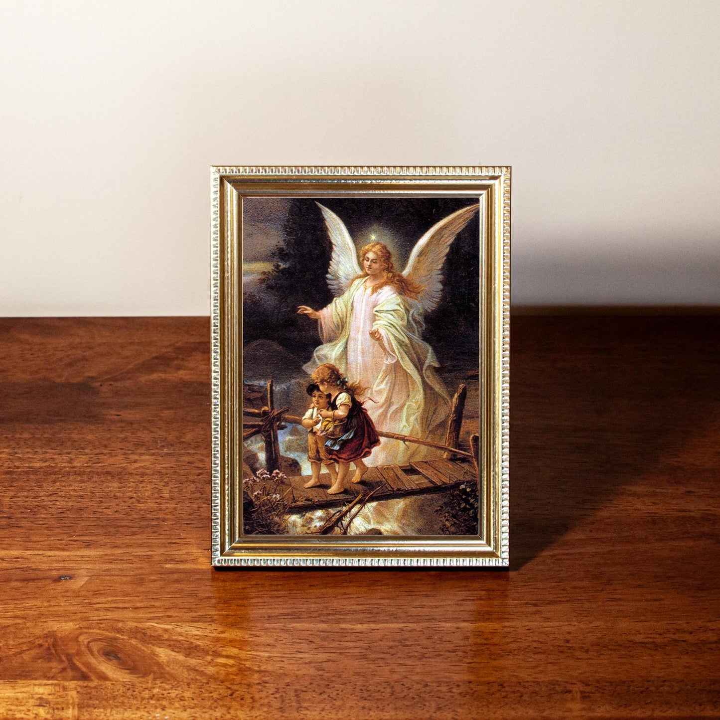 Guardian Angel Framed Print, Hand-Framed Original Design—Restored Antique Artwork—Gold Frame, Catholic Decor, Home Altar, Gift, 5x7, 8x10