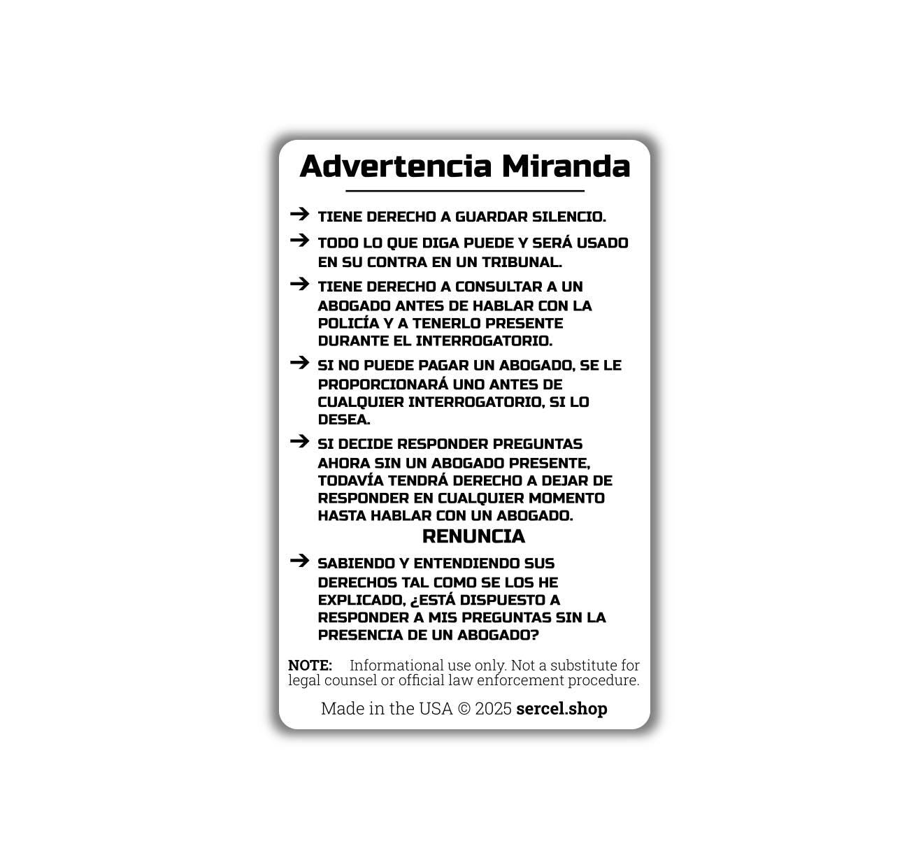 Miranda Warning Card in Spanish – Wallet/Pocket Card – Know Your Rights Card for Police, Legal Aid, Law Enforcement, Attorneys, Made in USA