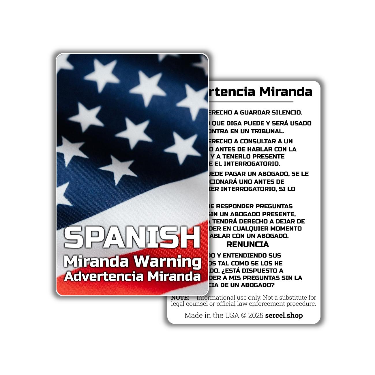 Miranda Warning Card in Spanish – Wallet/Pocket Card – Know Your Rights Card for Police, Legal Aid, Law Enforcement, Attorneys, Made in USA