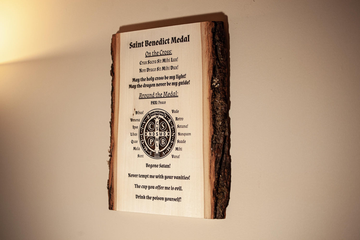 Saint Benedict Medal Explained, 10" x 13" Laser-Engraved Wood Wall Art with Bark Edge, Engraved in the USA, Catholic Living