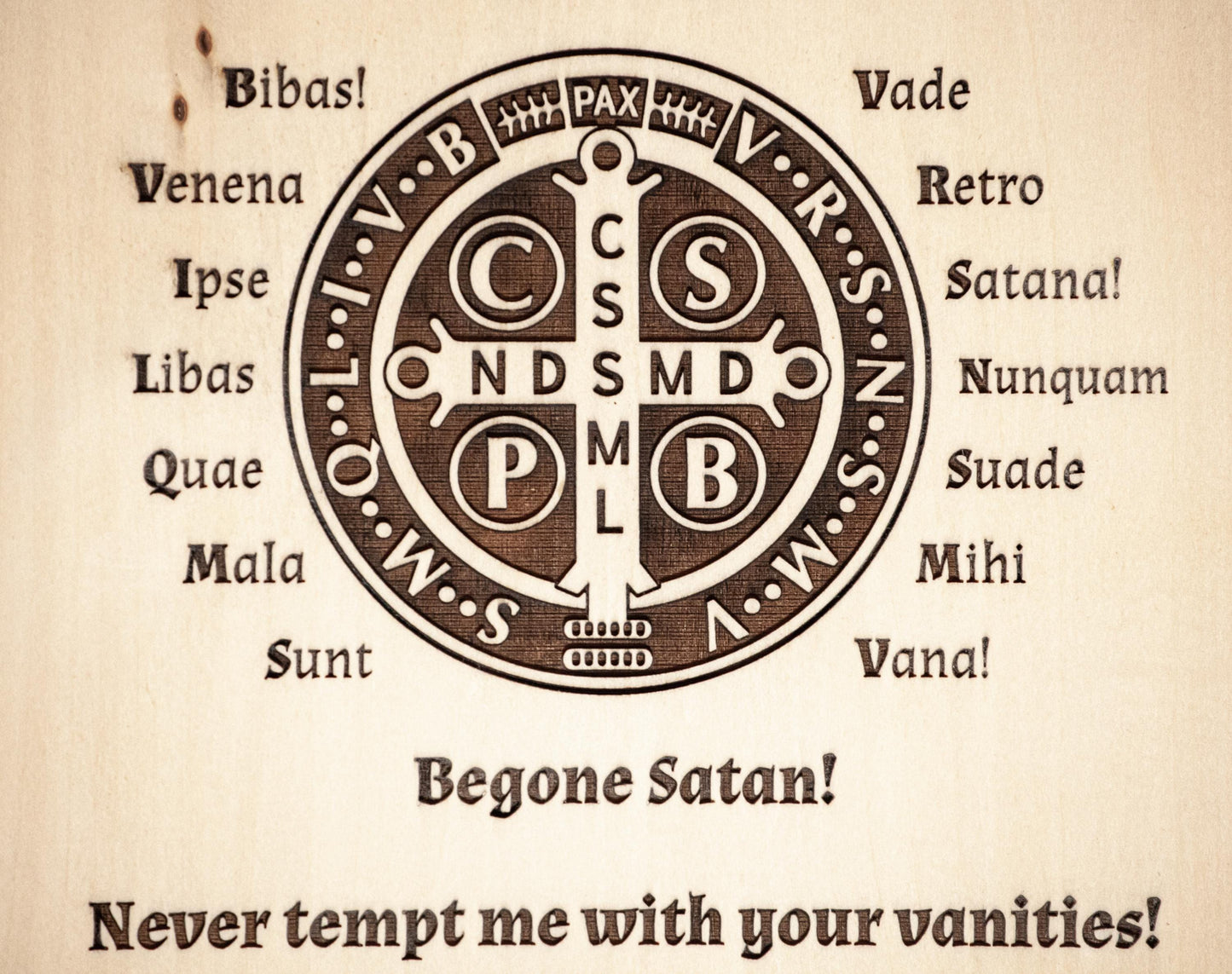 Saint Benedict Medal Explained, 10" x 13" Laser-Engraved Wood Wall Art with Bark Edge, Engraved in the USA, Catholic Living