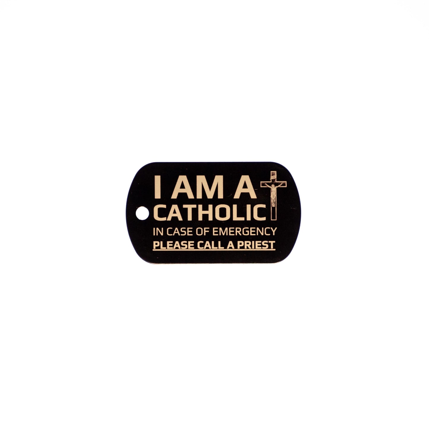 I AM A CATHOLIC Emergency Tag – Laser Engraved Aluminum Dog Tag – Red, Black, or Blue – Call a Priest in Case of Emergency