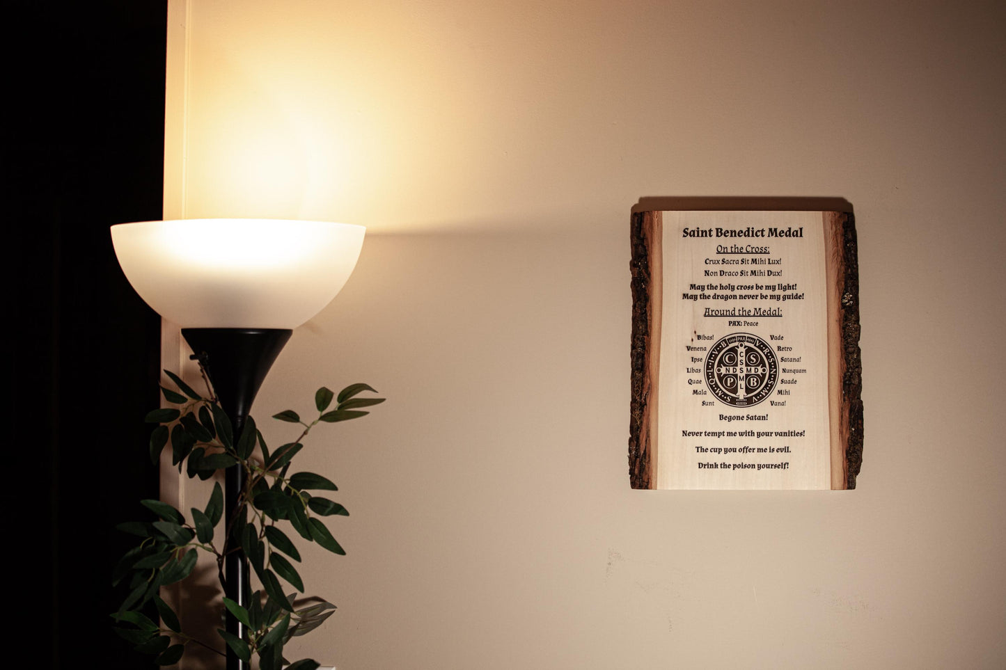 Saint Benedict Medal Explained, 10" x 13" Laser-Engraved Wood Wall Art with Bark Edge, Engraved in the USA, Catholic Living