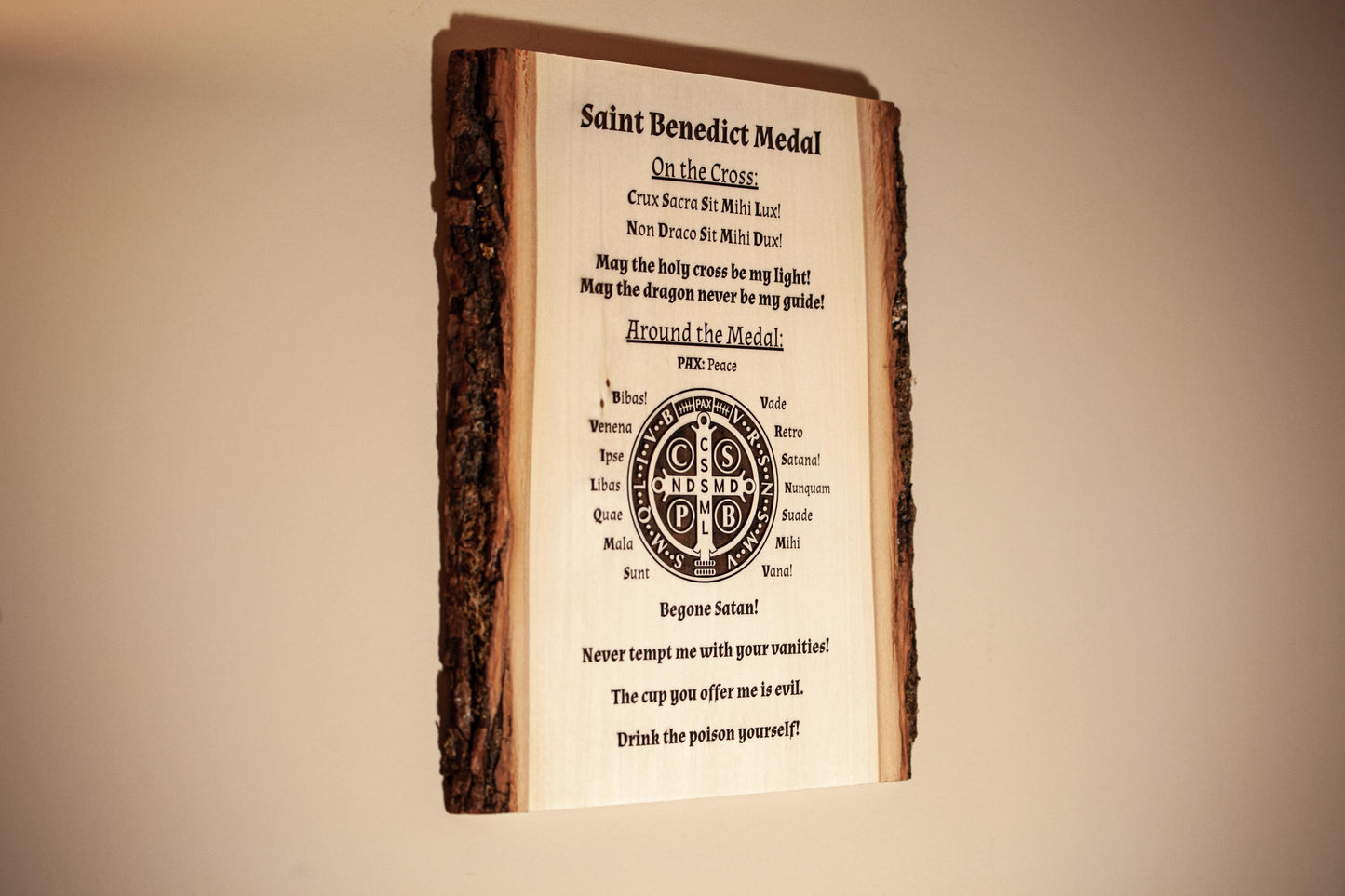 Saint Benedict Medal Explained, 10" x 13" Laser-Engraved Wood Wall Art with Bark Edge, Engraved in the USA, Catholic Living