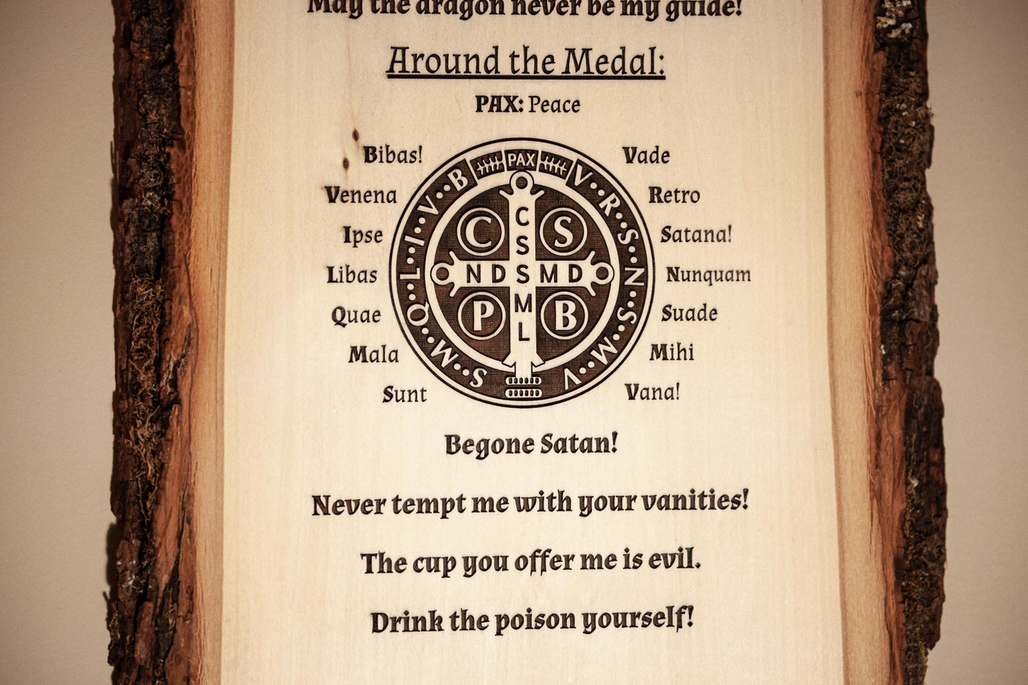 Saint Benedict Medal Explained, 10" x 13" Laser-Engraved Wood Wall Art with Bark Edge, Engraved in the USA, Catholic Living