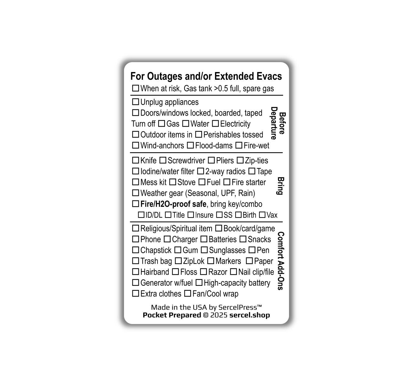 Disaster Evacuation Checklist Card – Emergency Prep Wallet Card – Waterproof Plastic – Pocket-Sized Bug Out List – Pocket Prepared